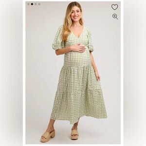Pinkblush: Light Olive Gingham Puff Sleeve Maternity Tiered Midi Dress